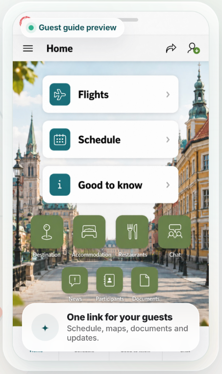 Blieasy mobile guest guide preview with flights, schedule, accommodation, restaurants and documents.